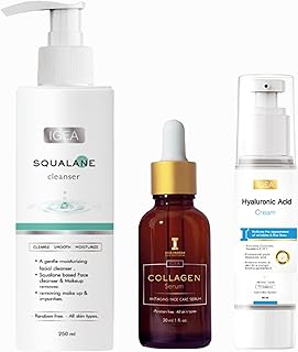 IGEA Squalane Cleanser (250ML) Hyaluronic Acid Cream (40ML) and Collagen Serum (30ML) Hydrating and Firming & Radiance